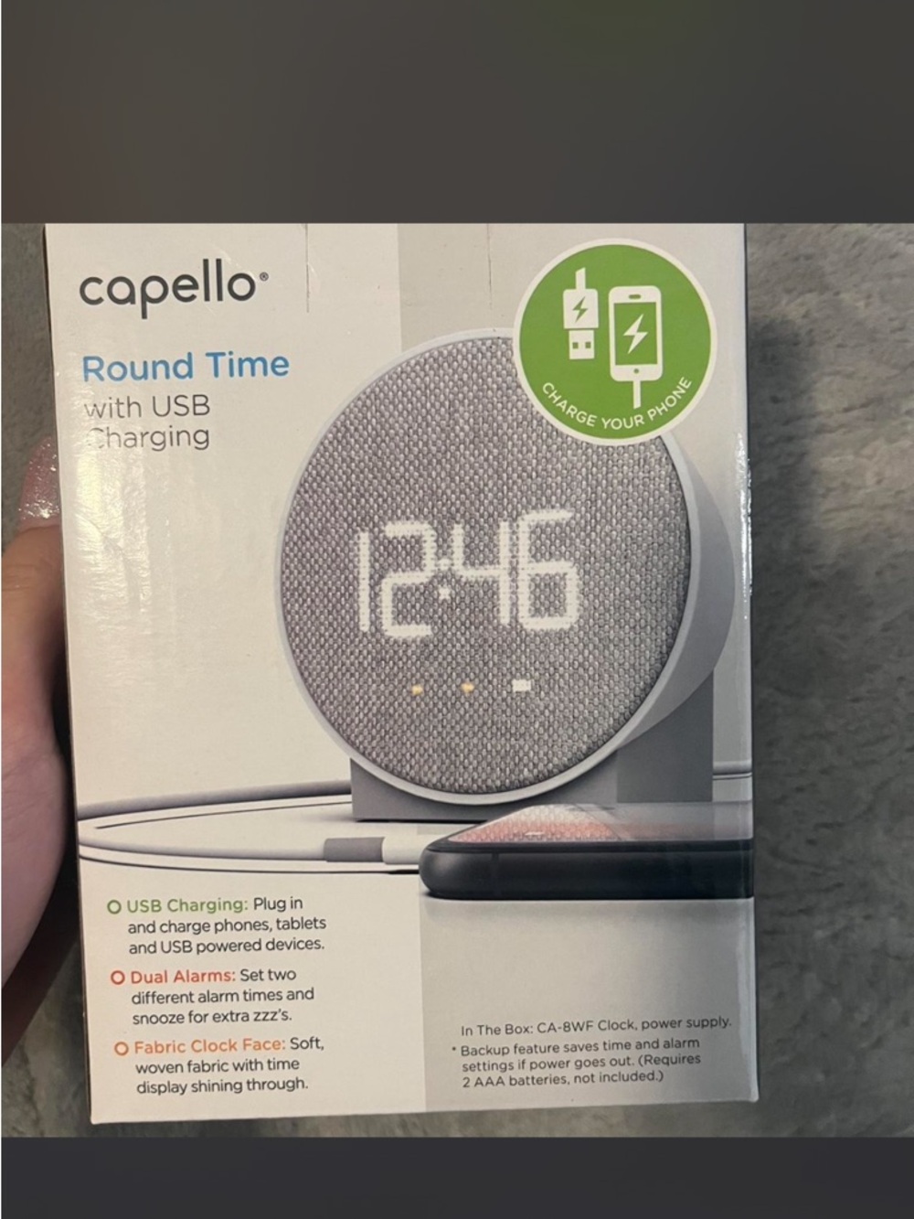 Capello Round Time USB Charging Fabric Clock – Gray